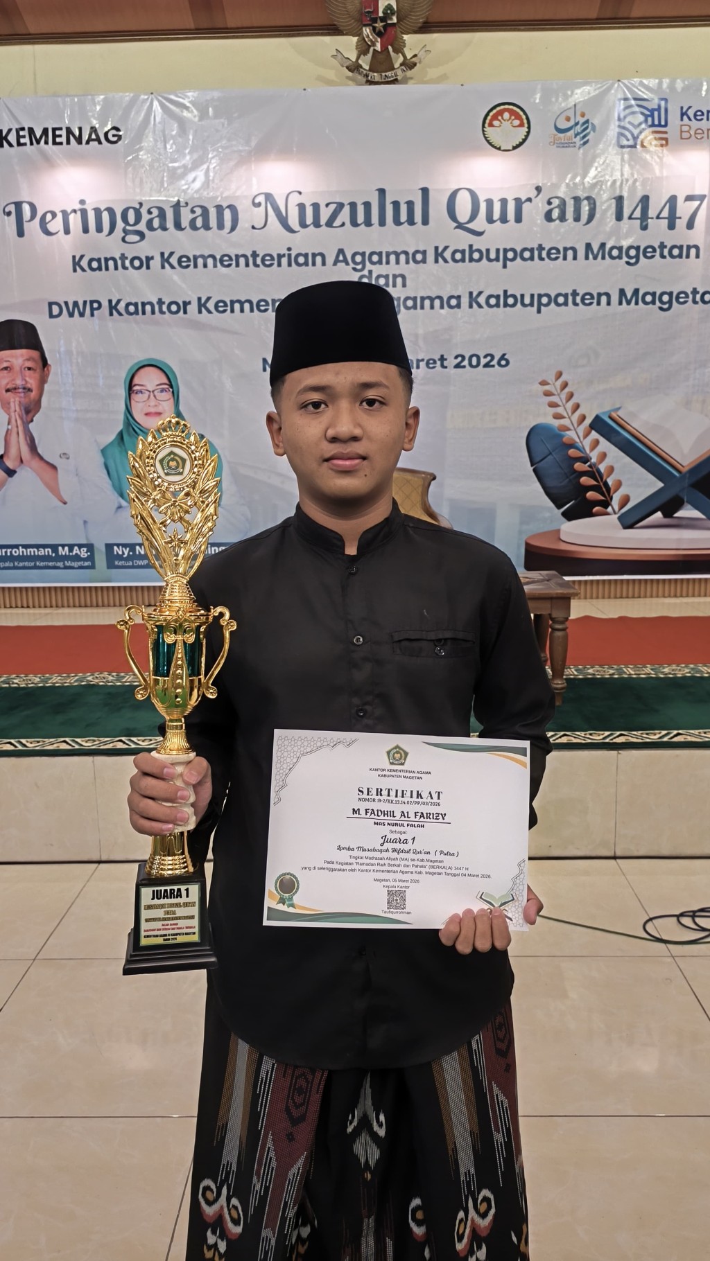 M. Fadhil Al Farizy Raih Juara 1 Musabaqoh Hifdzil Qur’an Tingkat MA Se-Kabupaten Magetan 2026