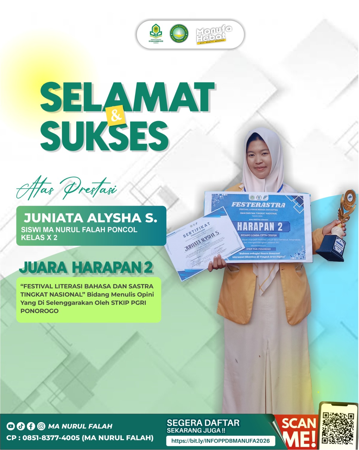 Selamat & Sukses Juniata Alysha S. Raih Juara Harapan 2 Festival Literasi Bahasa dan Sastra Tingkat Nasional