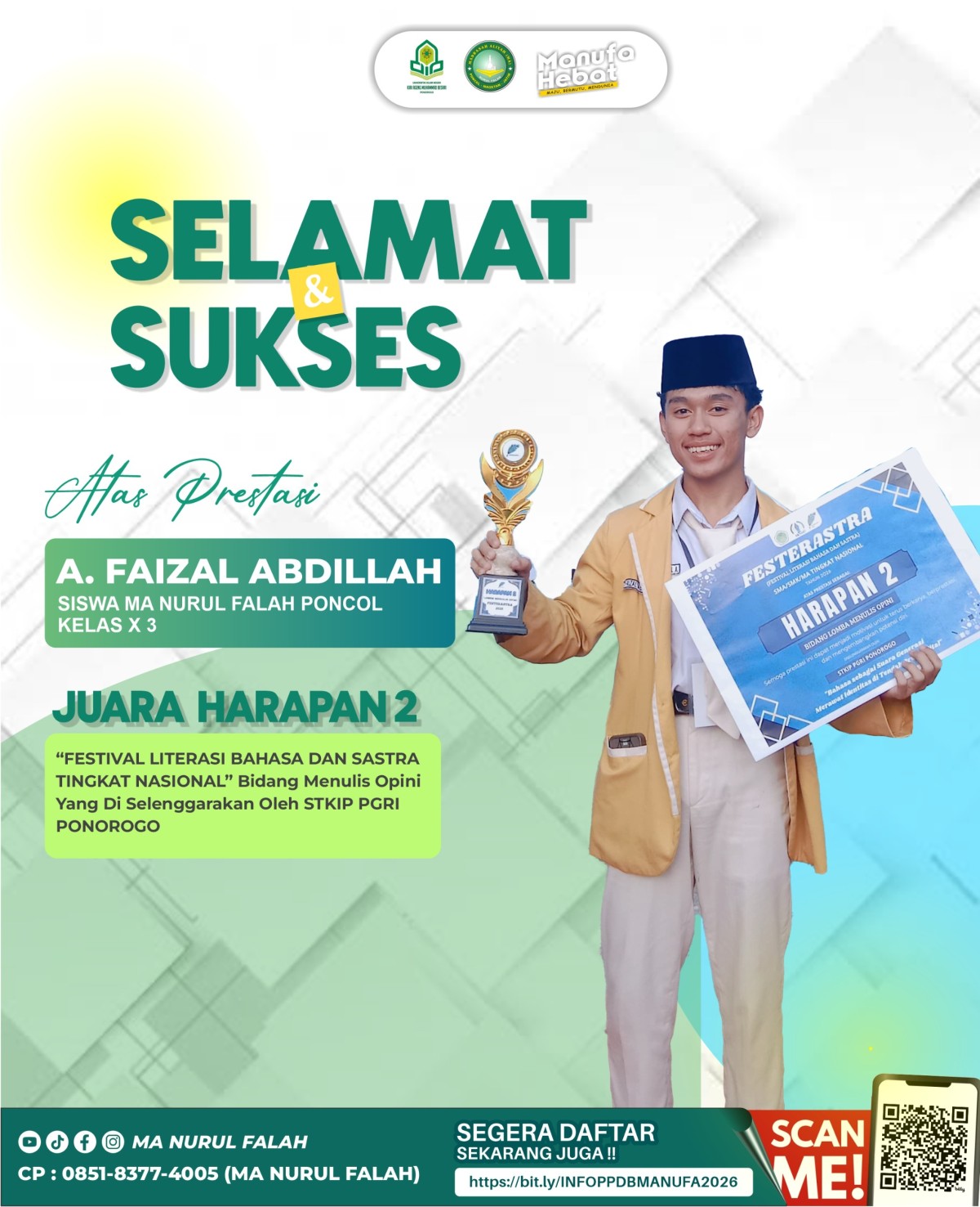 Selamat & Sukses A. Faizal Abdillah Raih Juara Harapan 2 Festival Literasi Bahasa dan Sastra Tingkat Nasional
