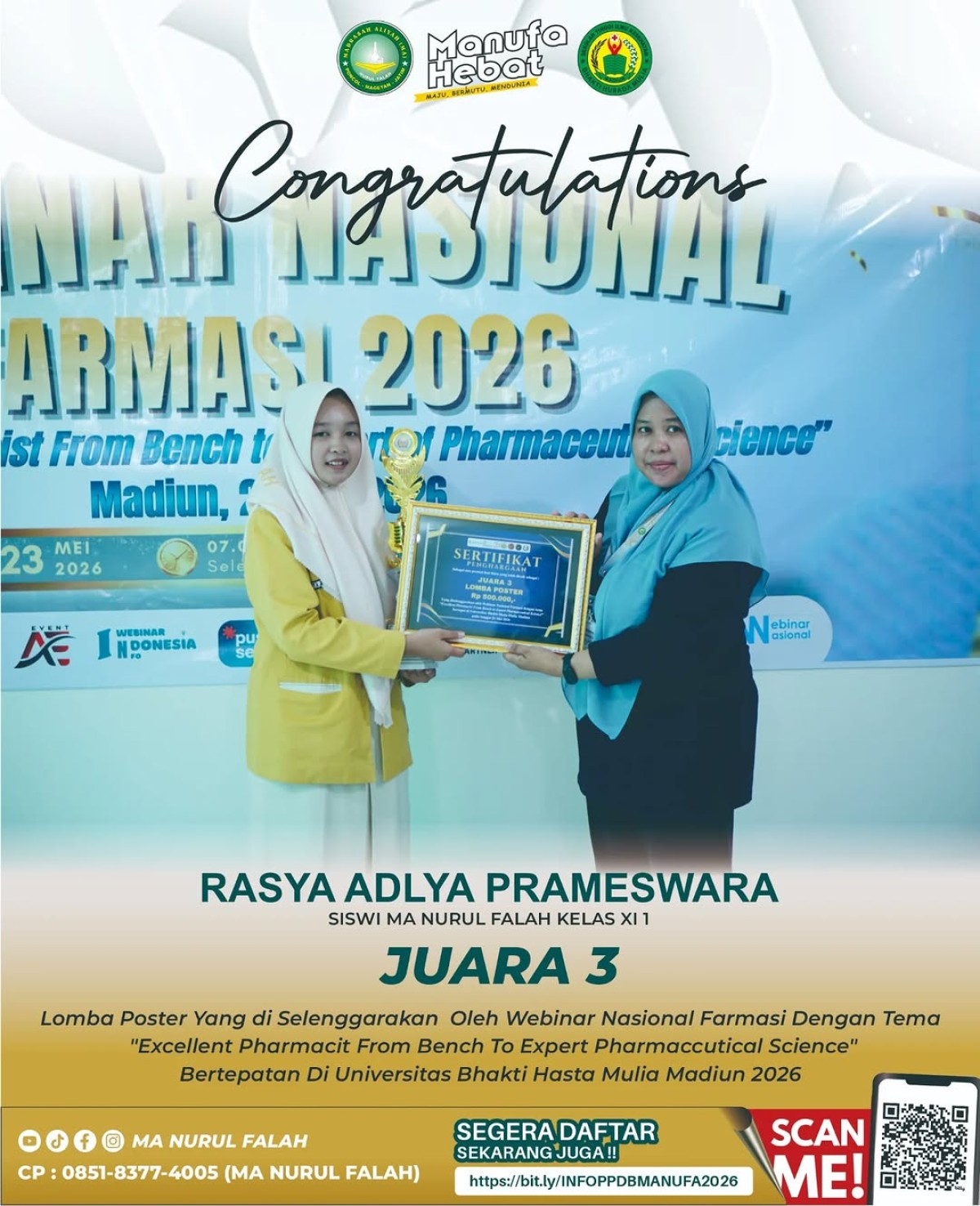 Selamat & Sukses Rasya Adlya Prameswara Raih Juara 3 Lomba Poster Tingkat Nasional