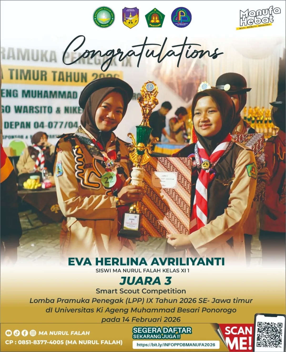 Selamat & Sukses Eva Herlina Avriliyanti Raih Juara 3 Smart Scout Competition Tingkat Se-Jawa Timur