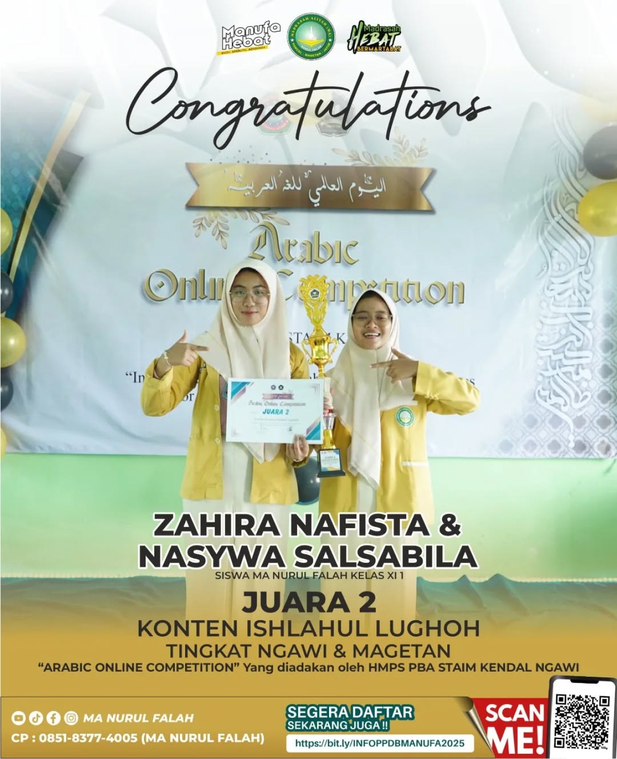 Selamat & Sukses Zahira Nafista dan Nasywa Salsabila Raih Juara 2 Konten Ishlahul Lughoh Tingkat Ngawi dan Magetan