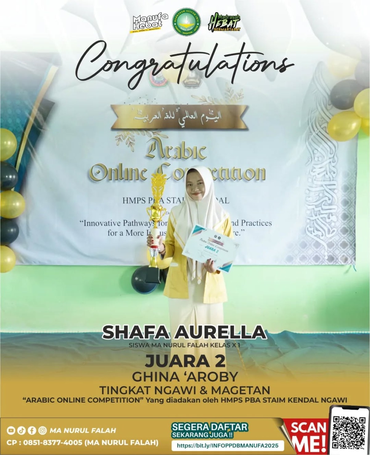Selamat & Sukses Shafa Aurella Raih Juara 2 Ghina ‘Aroby Tingkat Ngawi dan Magetan
