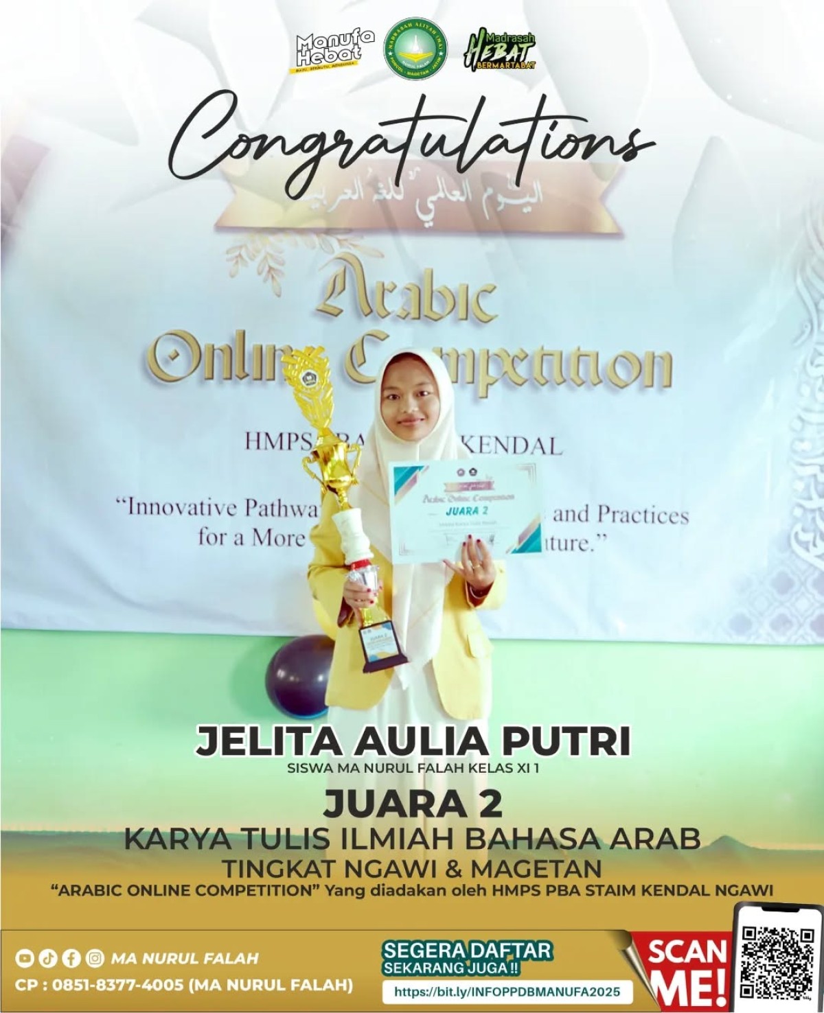 Selamat & Sukses Jelita Aulia Putri Raih Juara 2 Karya Tulis Ilmiah Bahasa Arab Tingkat Ngawi dan Magetan