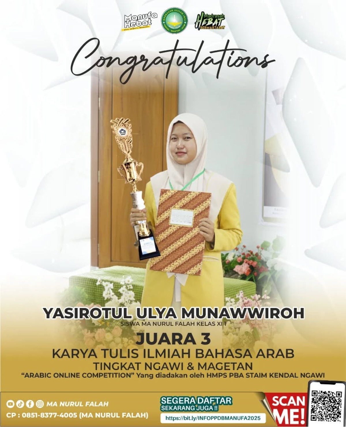 Selamat & Sukses Yasirotul Ulya Munawwiroh Raih Juara 3 Karya Tulis Ilmiah Bahasa Arab Tingkat Ngawi dan Magetan 