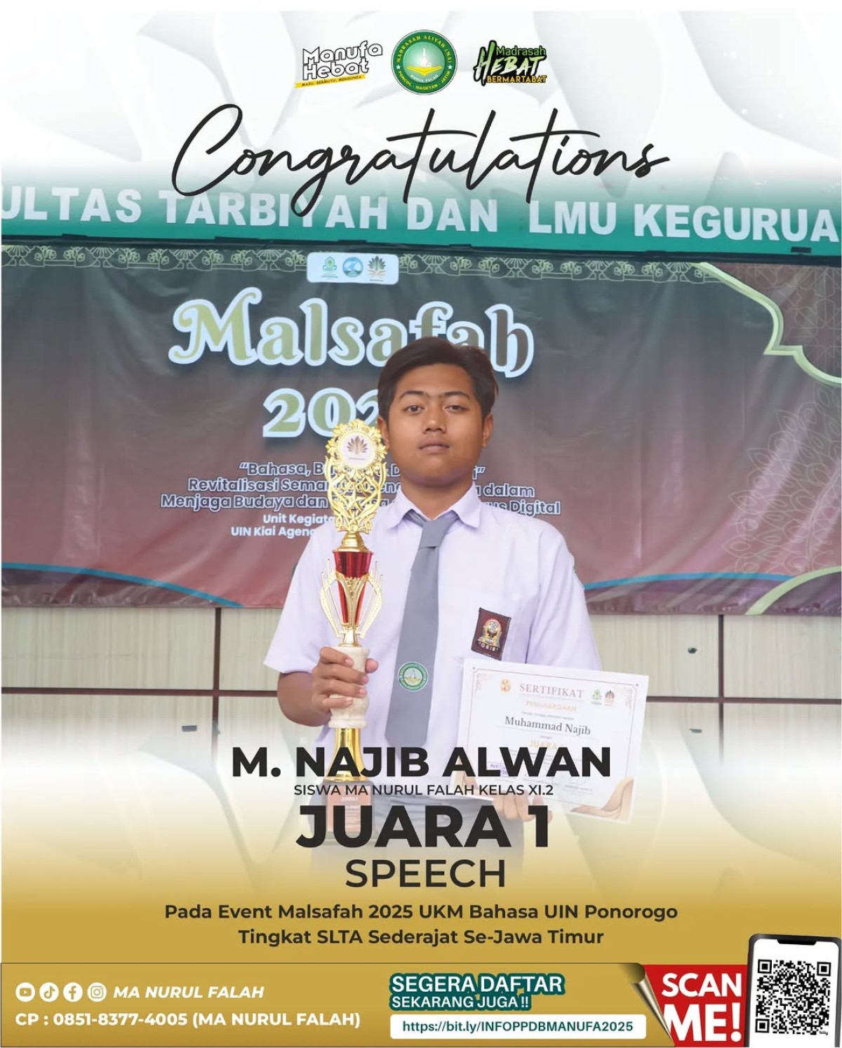 Selamat & Sukses M. Najib Alwan Raih Juara 1 Speech Competition Tingkat SLTA Sederajat Se-Jawa Timur